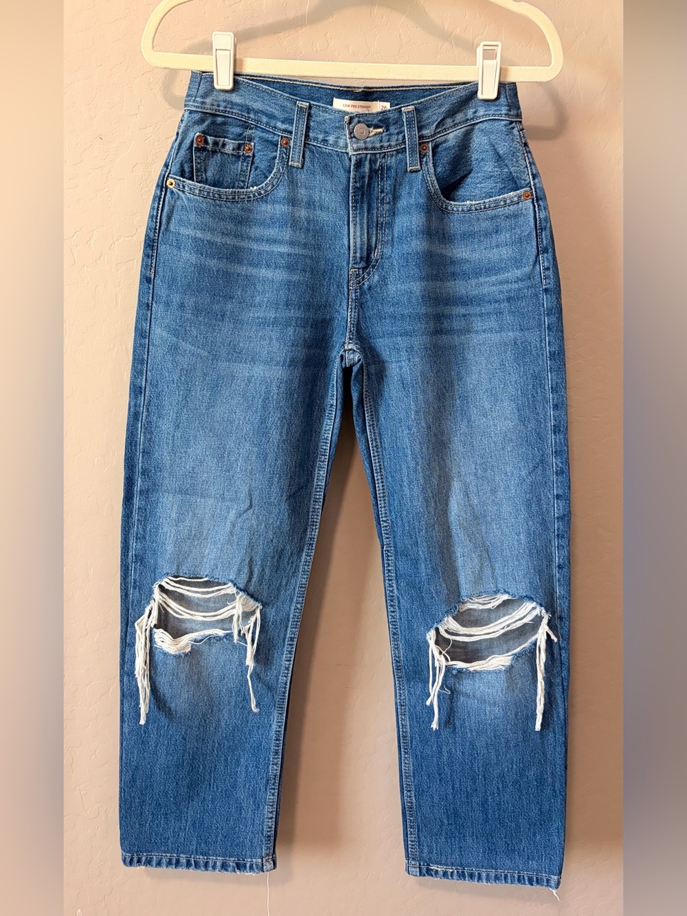 Levi's Blue low pro Straight Leg Distressed Jeans PETITE